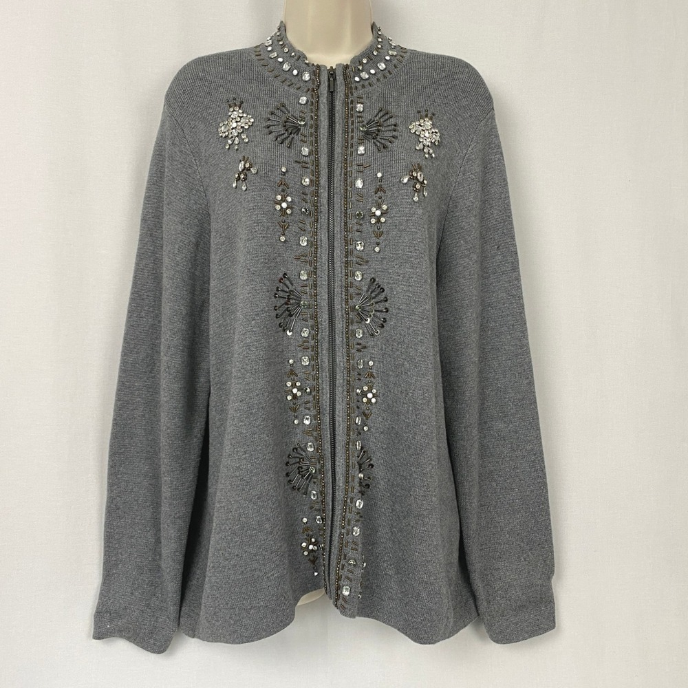 Chicos Cardigan Sweater Size 3 Large Gray Beaded Rhinestone Zip Up Glam Holiday